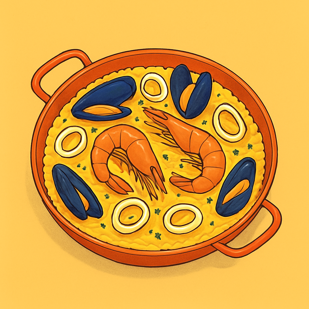 Paella de mariscos servida con limón y perejil sobre fondo beige