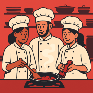 Equipo de cocina trabajando entre risas y fuegos encendidos