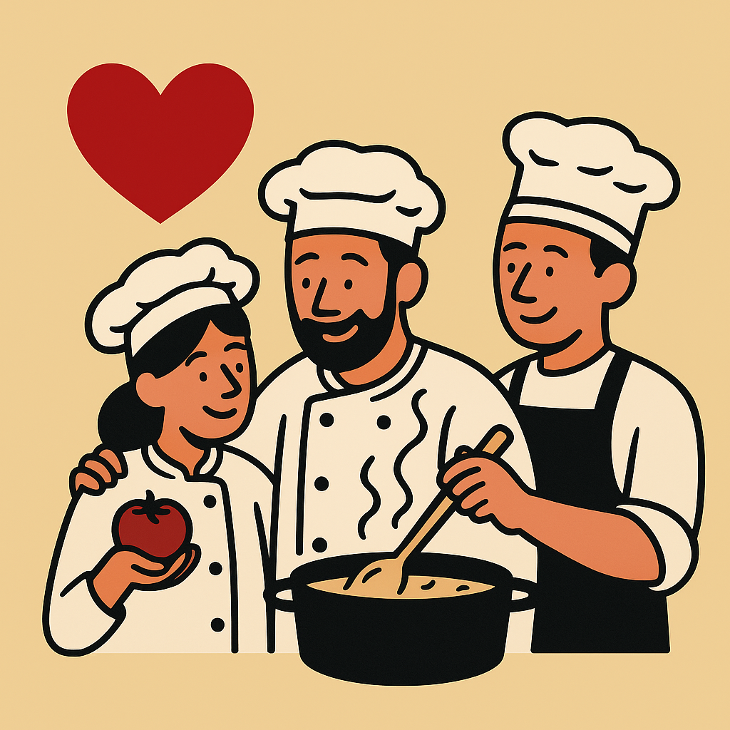 Corazón rojo dibujado junto a utensilios de cocina sobre fondo claro