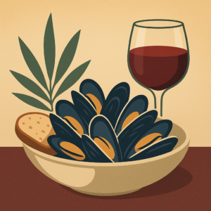 Illustration of mussels and a glass of red wine on a warm table setting